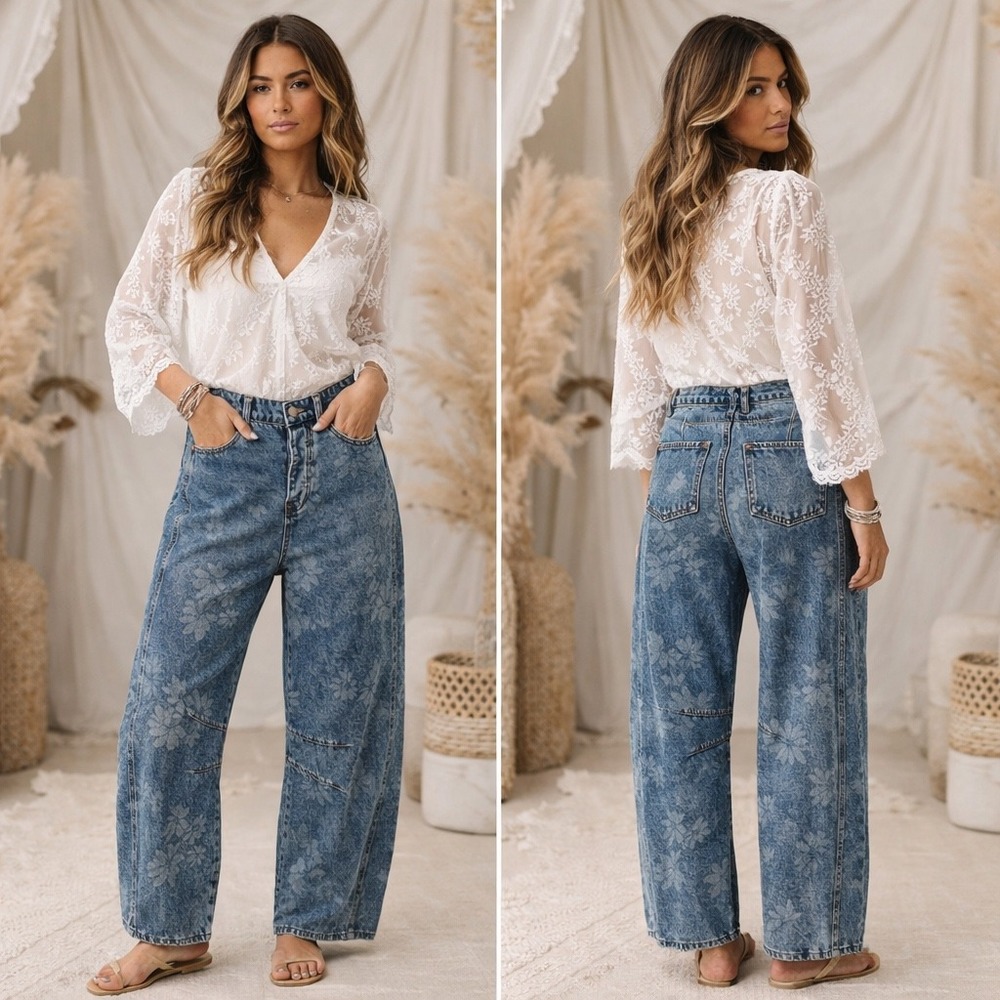 NWT $75 Sweet Lovely Floral Boho Barrel Leg Jeans High Rise Button Fly Medium